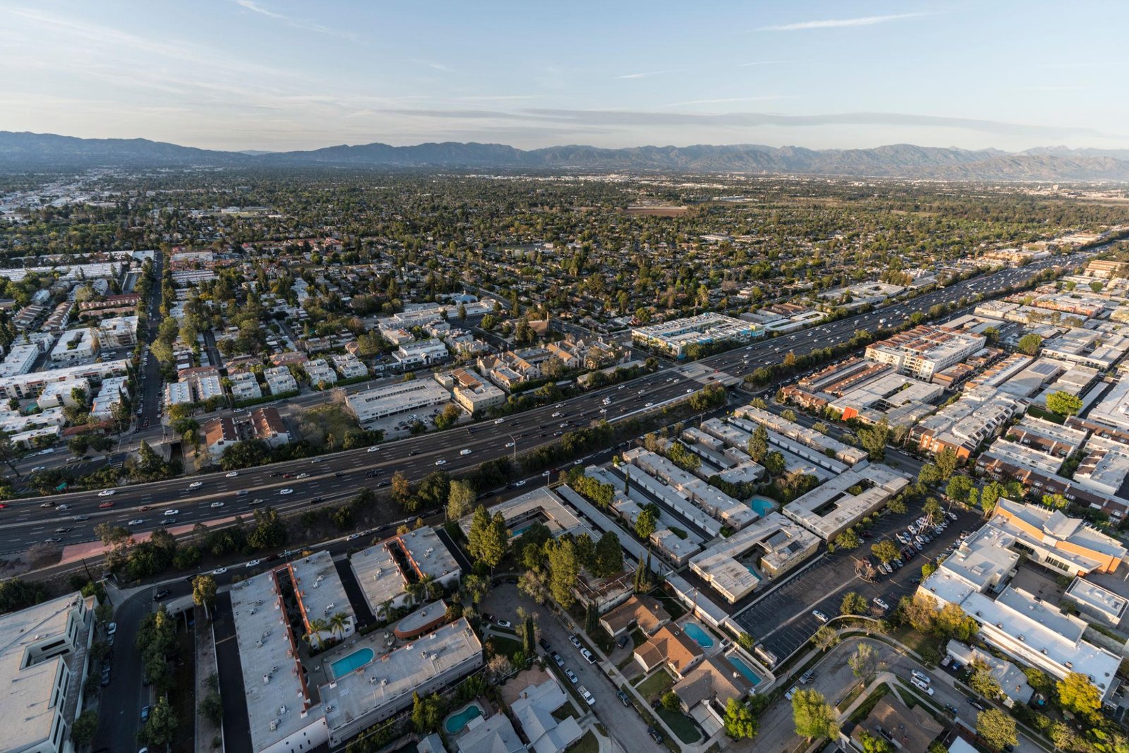 Aerial view of Encino neighborhoods and Ventura Boulevard