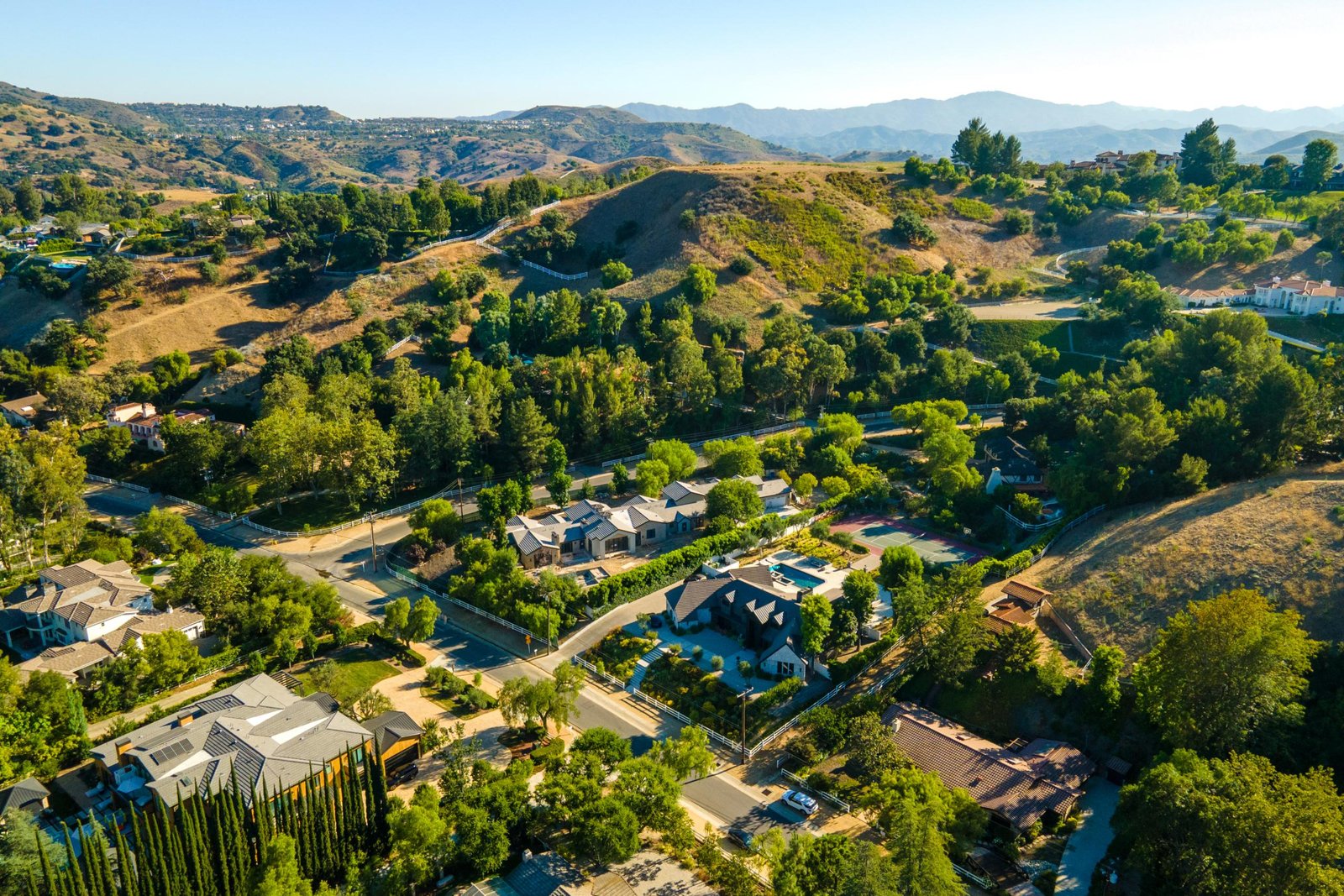 Aerial view of luxury estates and rolling hills in Hidden Hills