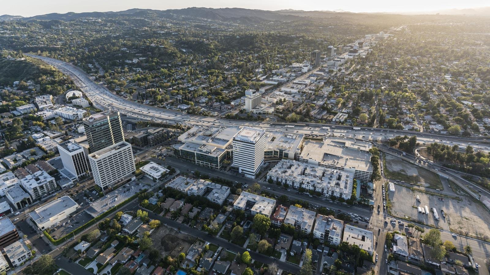 Aerial view of Sherman Oaks and surrounding San Fernando Valley