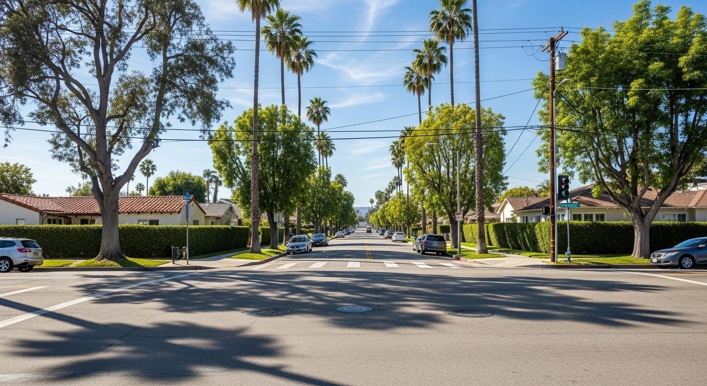 Tree-lined residential street in Tarzana, California