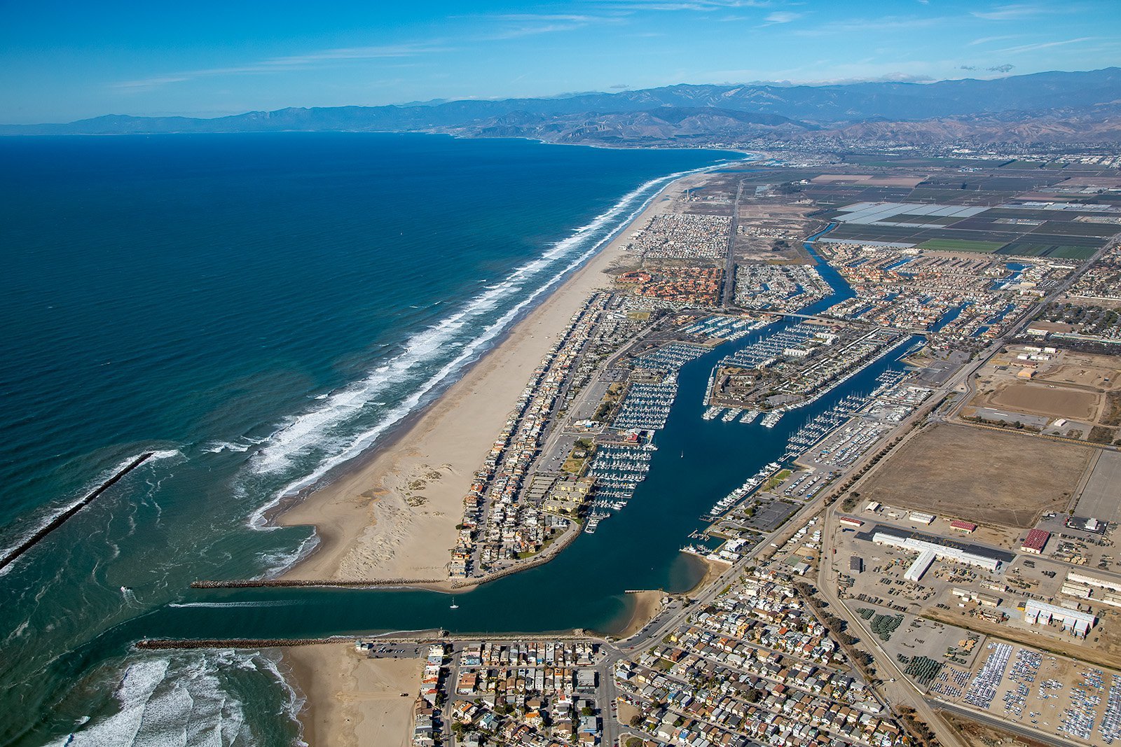 Aerial view of Ventura Harbor and the Pacific coastline