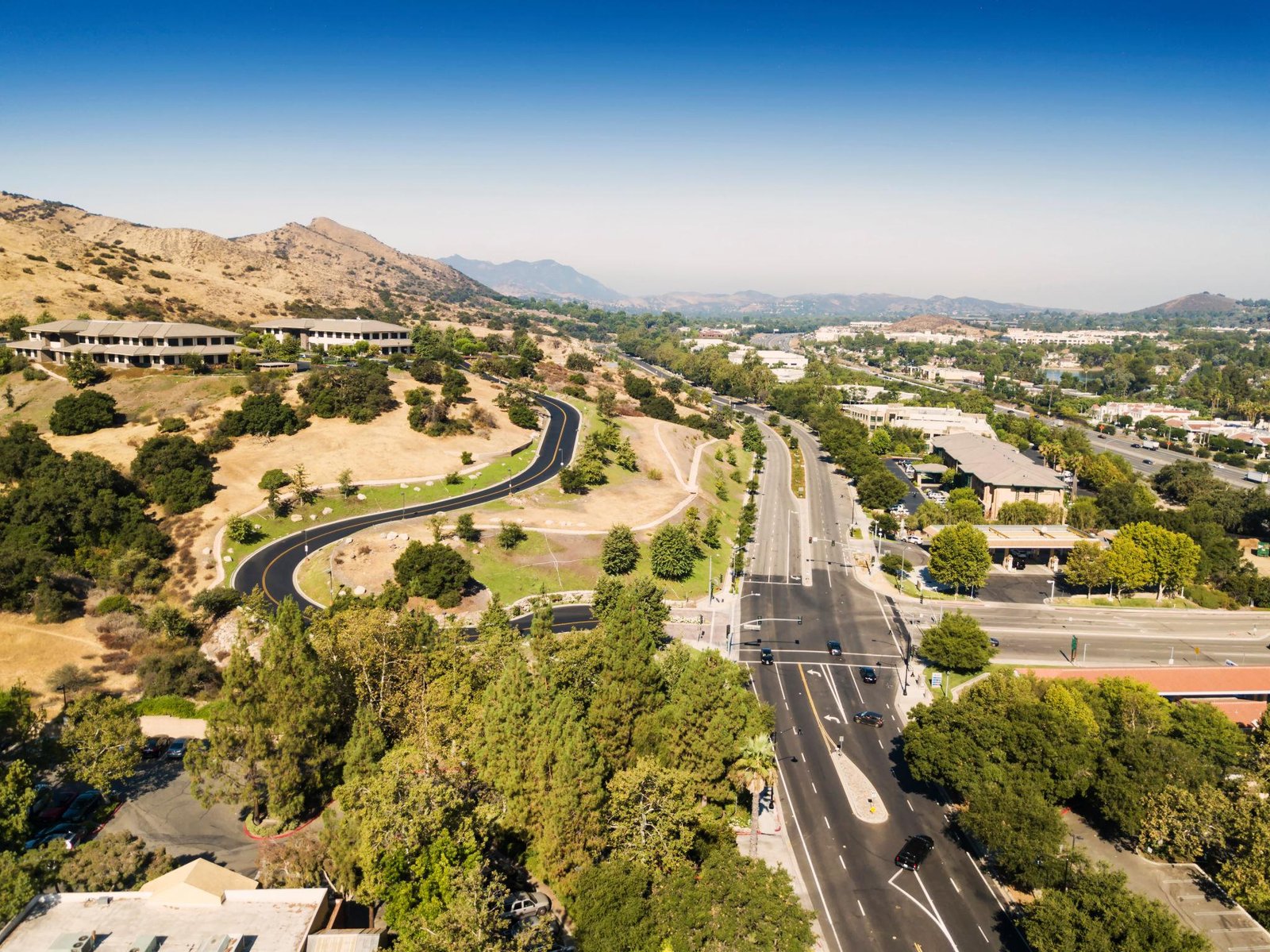 Aerial view of Agoura Hills and surrounding foothills