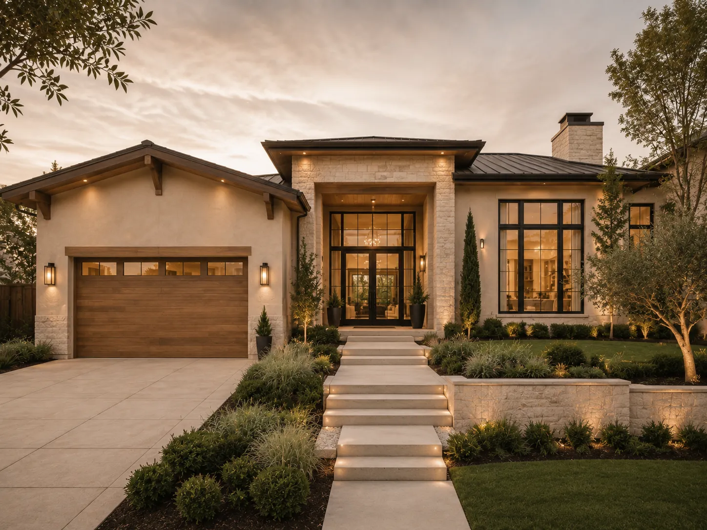 Modern Beige Home at Dusk
