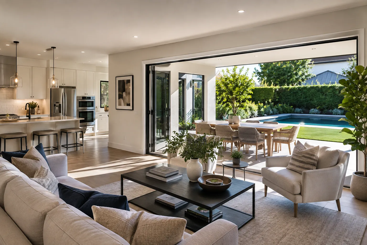 Bright living room opening to a landscaped backyard