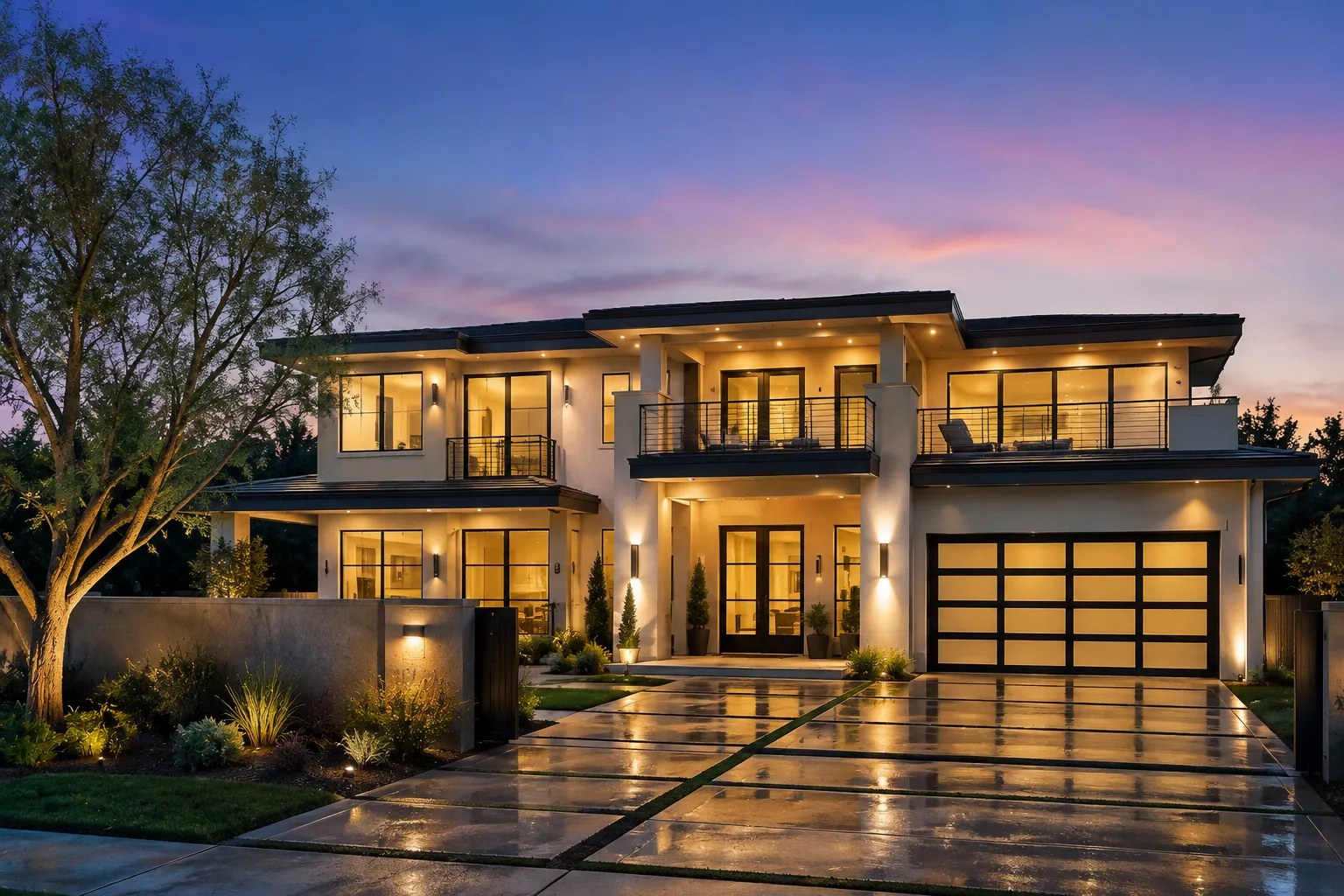 Twilight Modern Mansion with Glowing Driveway