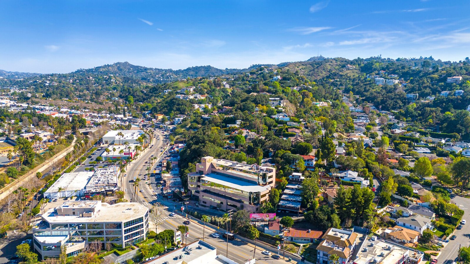 Aerial view of hillside homes in Studio City