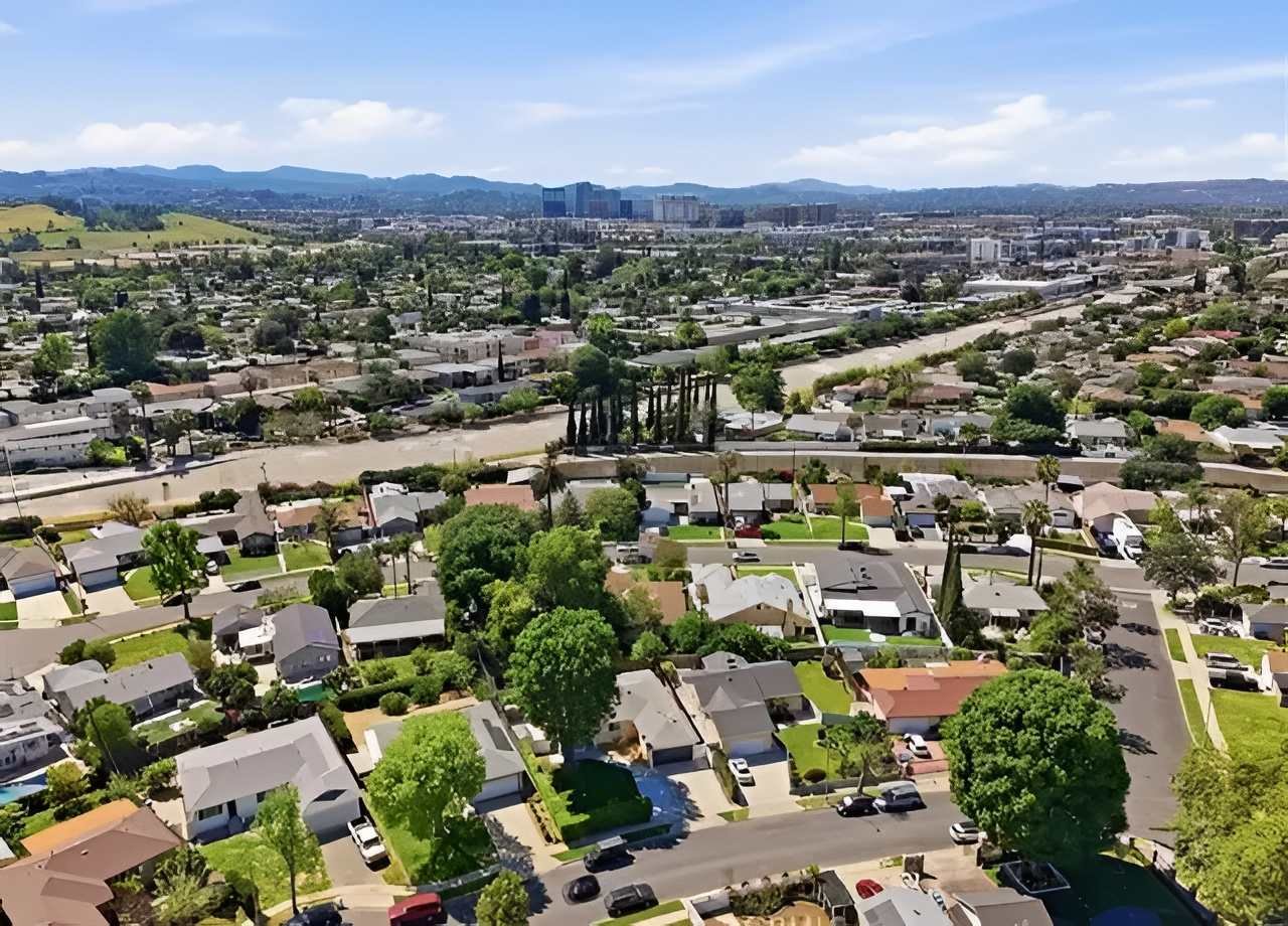 Aerial view of residential neighborhoods in Winnetka, California